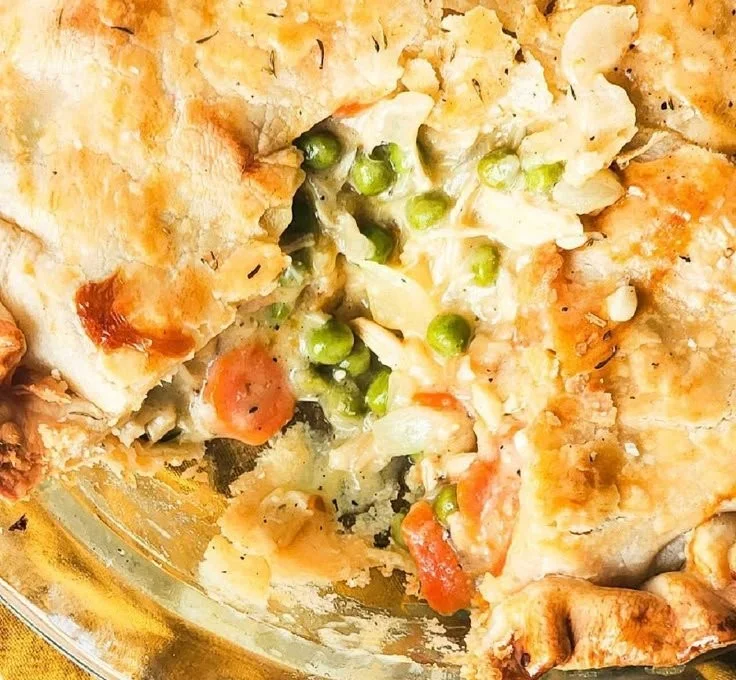4-ingredient chicken pot pie served in a rustic dish