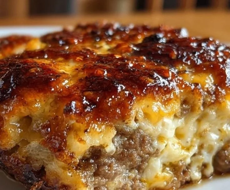 Amish Hamburger Steak Bake topped with savory gravy and vegetables