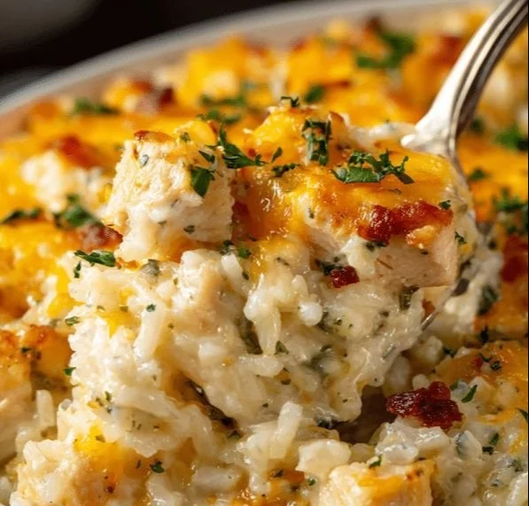 Delicious Angel Chicken and Rice Casserole served in a baking dish