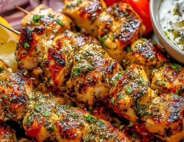 Authentic Greek Chicken Souvlaki served with pita and tzatziki sauce