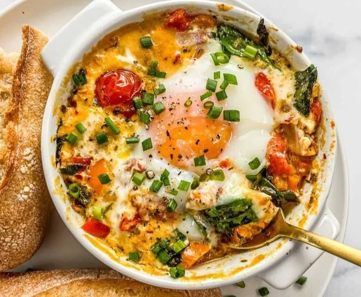 Baked feta eggs with tomatoes and spinach
