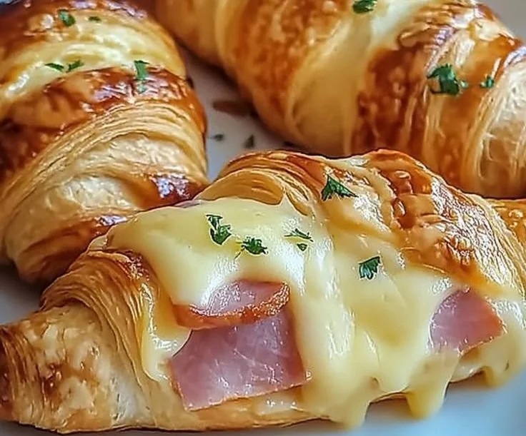 freshly baked ham and cheese croissants on a plate