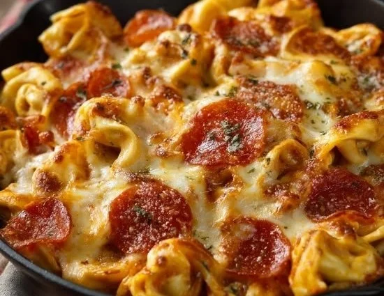 Delicious baked pizza tortellini topped with melted cheese and herbs