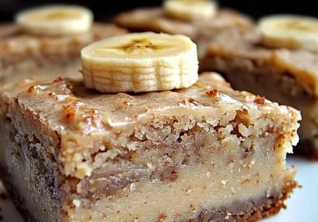 Freshly baked banana bread brownies on a wooden table