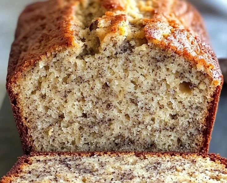 Freshly baked banana bread cooling on a kitchen countertop