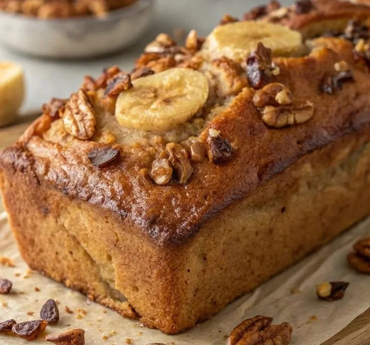 Sliced banana loaf with walnuts on a wooden cutting board