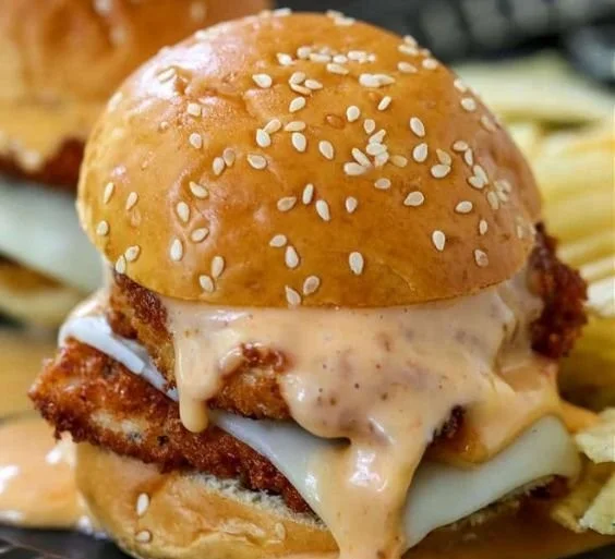 Delicious Bang Bang Chicken Sliders topped with spicy sauce on a wooden platter