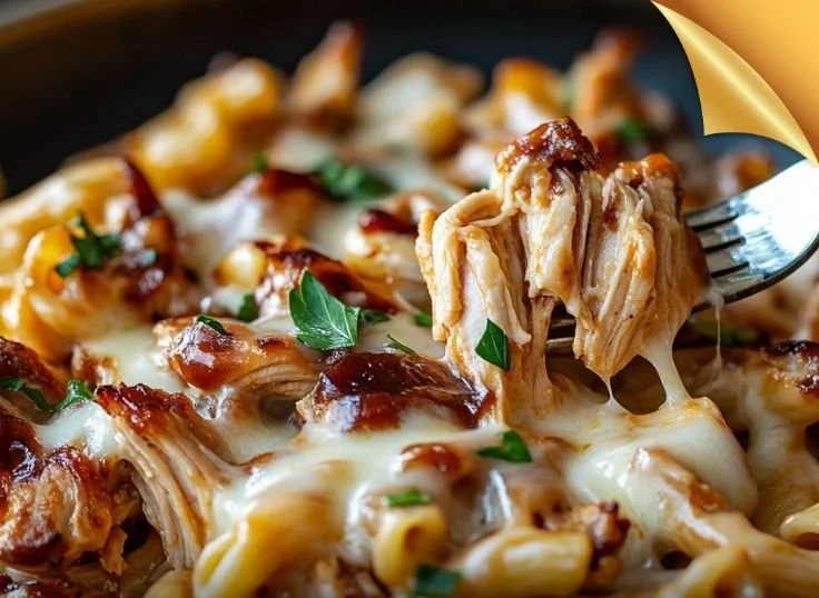 BBQ Chicken Mac and Cheese topped with crispy onions and herbs