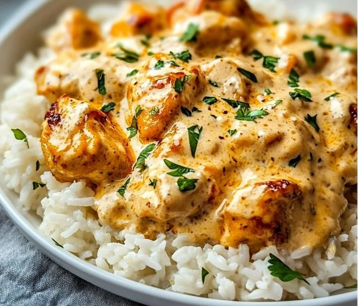 Delicious plate of best smothered chicken served with rice