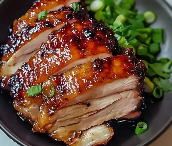 Delicious Char Siu Chicken served with rice and vegetables