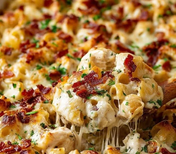 Delicious Cheddar Bacon Chicken Noodles served in a bowl