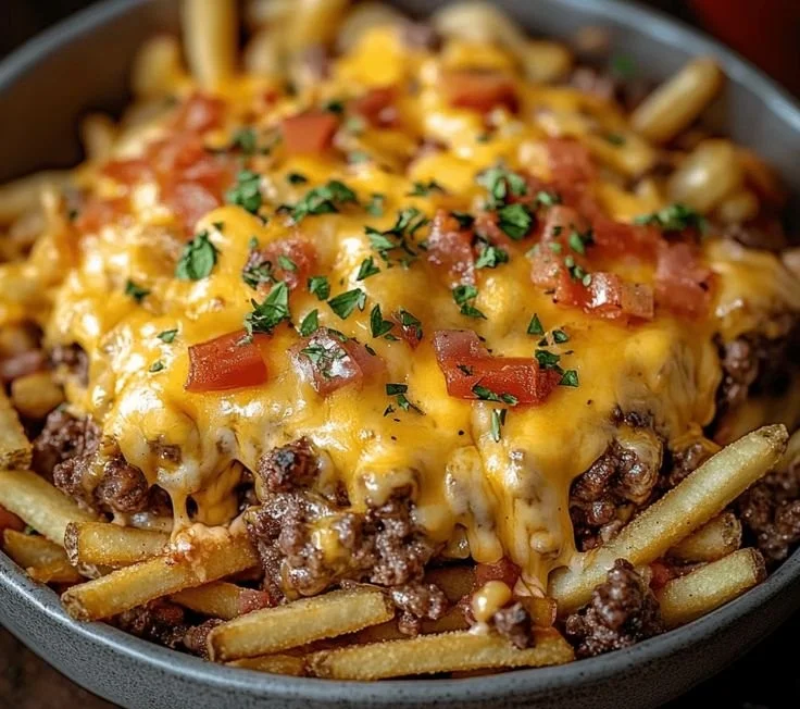Cheeseburger French Fry Casserole topped with melted cheese and crispy fries