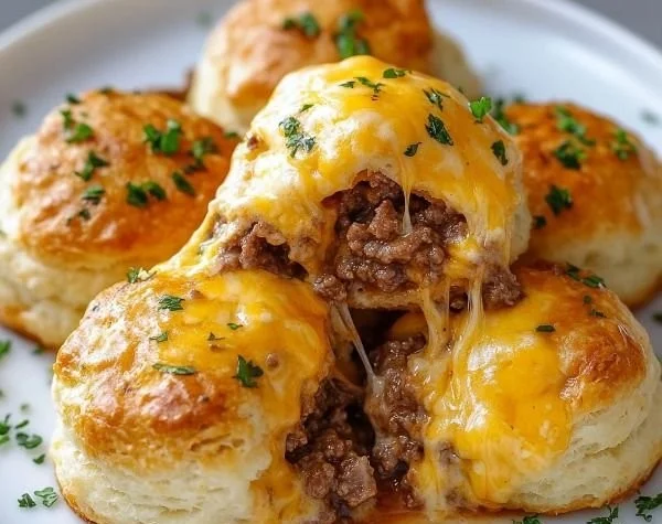 Cheesy beef biscuit bombs served on a plate, topped with melted cheese.