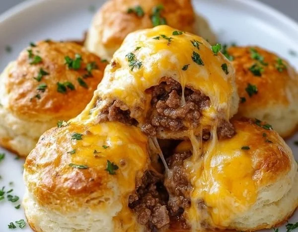 Cheesy Beef Biscuit Bombs filled with beef and cheese, golden brown and delicious