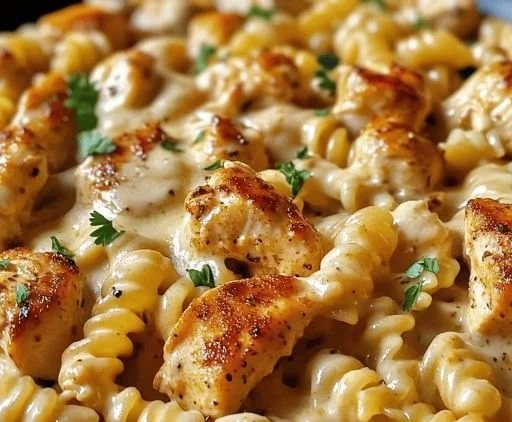 Cheesy Cajun Garlic Chicken Rotini Skillet served in a cozy setting.