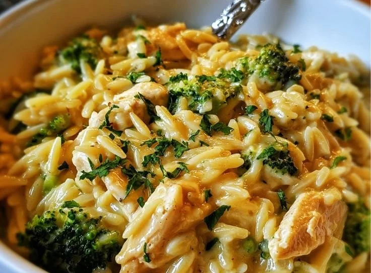 Delicious Cheesy Chicken Broccoli Orzo served in a bowl