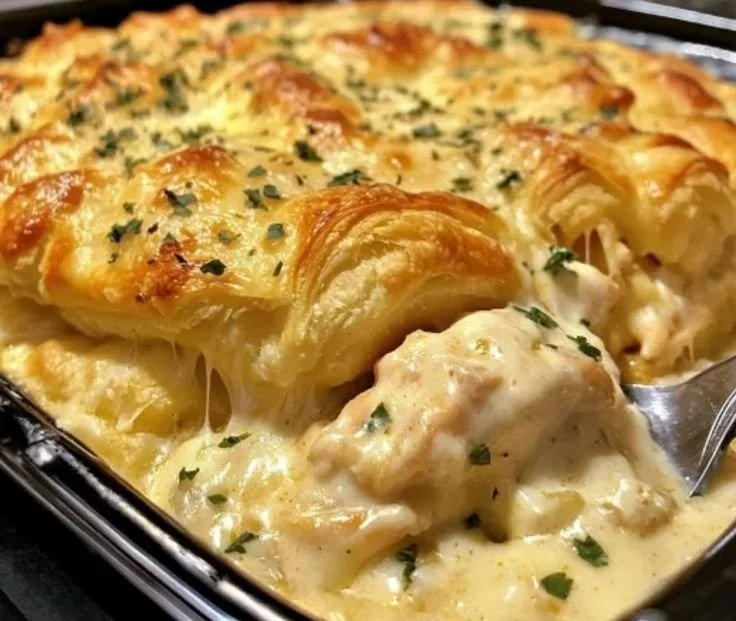 Cheesy Chicken Crescent Bake served in a dish, showcasing melted cheese and flaky crescent rolls.