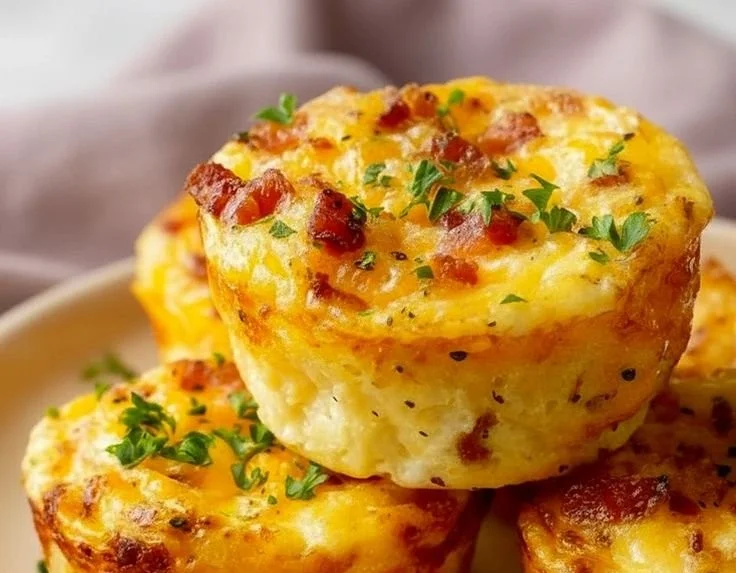 Cheesy muffin tin cottage cheese egg bites served on a plate.