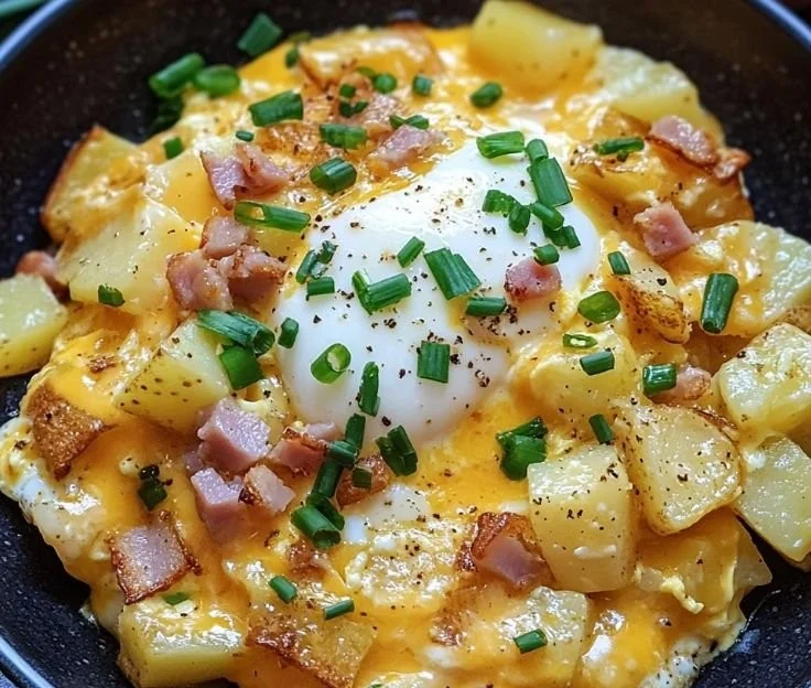 Cheesy potato egg scramble topped with melted cheese and herbs