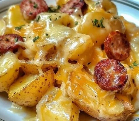 Cheesy ranch potatoes with smoked sausage, a delicious and hearty dish