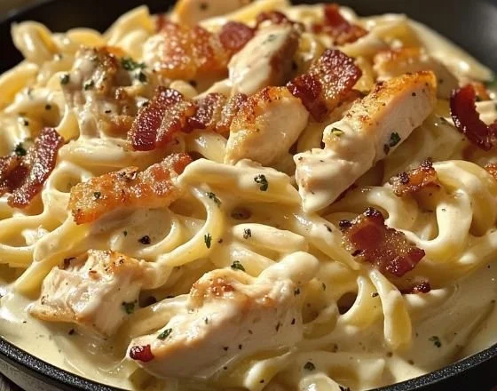 Creamy Chicken Bacon Ranch Pasta served in a bowl with herbs and bacon bits.