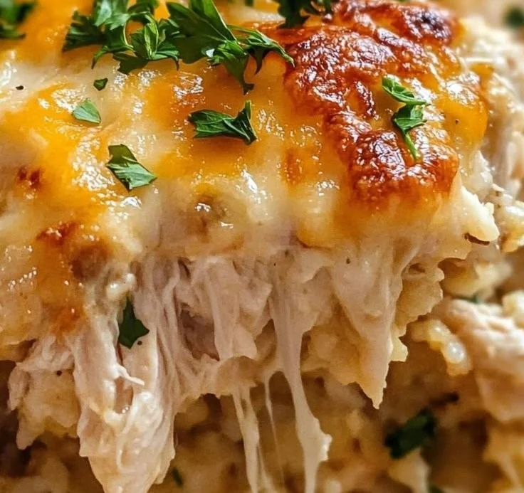 A delicious Chicken Cauliflower Rice Casserole topped with melted cheese and herbs.