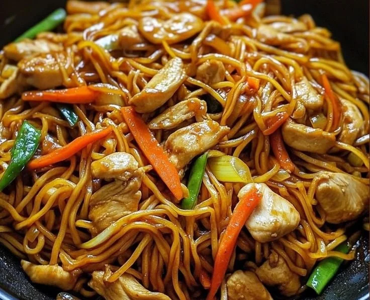 Delicious Chicken Lo Mein with colorful vegetables and noodles