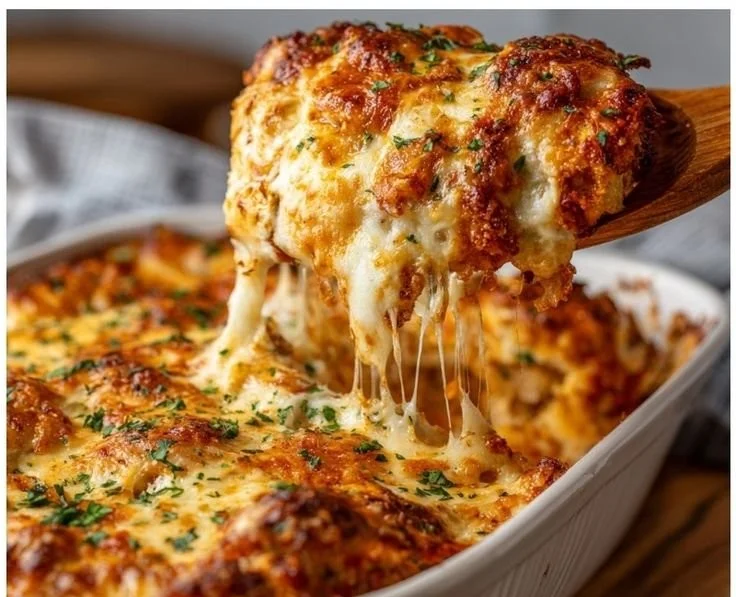 Delicious Chicken Parmesan Casserole served in a baking dish.