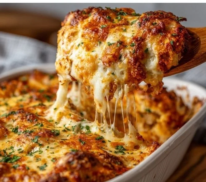 Delicious Chicken Parmesan Casserole topped with melted cheese and herbs