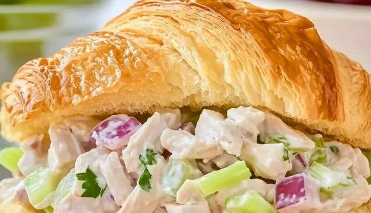 Delicious chicken salad with grapes on a plate, garnished with fresh herbs