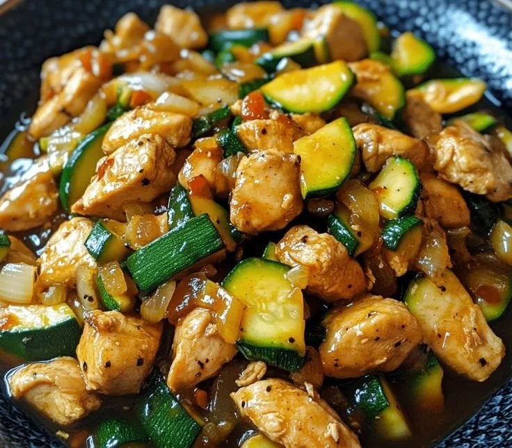 Delicious Chicken Zucchini Stir Fry with colorful vegetables in a pan