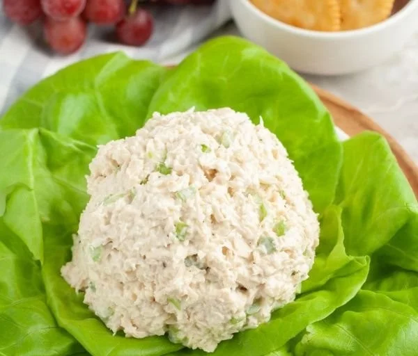 Bowl of Classic Carol Chicken Salad with fresh vegetables and chicken pieces