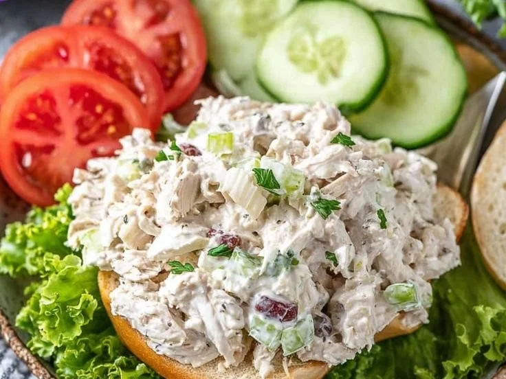 Bowl of classic chicken salad garnished with herbs and vegetables