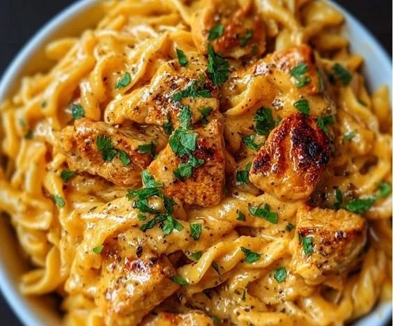 Bowl of Cowboy Butter Chicken Pasta topped with herbs and spices
