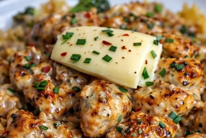 Plate of Cowboy Butter Lemon Bowtie Chicken with Broccoli Bliss