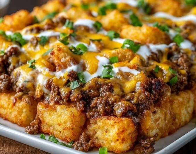 Delicious Cowboy Casserole topped with cheese and crispy chips on a baking dish