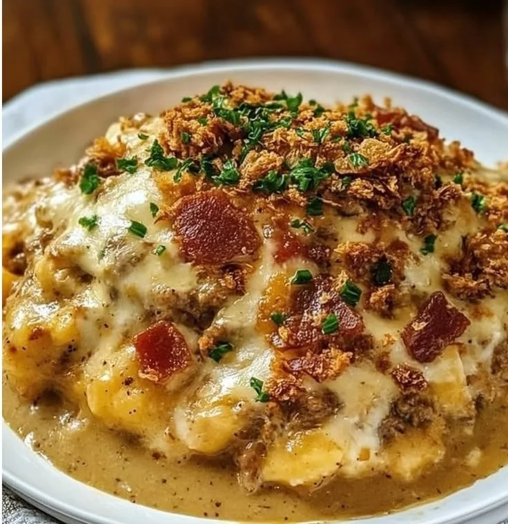 Delicious Cowboy Casserole with beef, beans, and cheese in a baking dish.