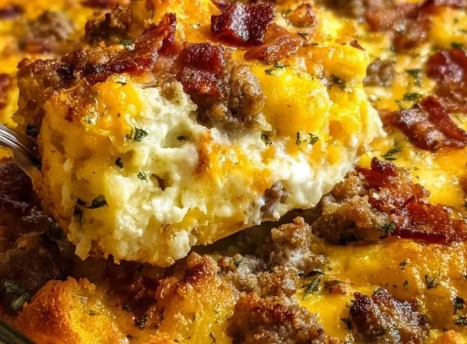 Delicious Crack Breakfast Casserole topped with cheese and herbs