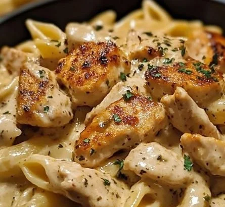 Delicious creamy Cajun chicken pasta served in a bowl with herbs and spices.