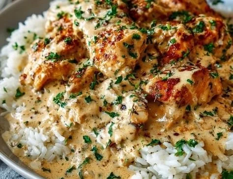 Creamy Chicken and Rice dish served in a bowl with herbs