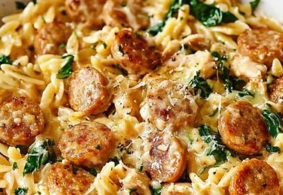 Creamy Chicken Sausage Orzo served in a vibrant bowl garnished with herbs