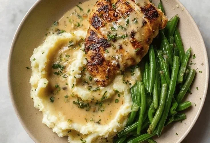 Creamy garlic parmesan chicken breast served with herbs and spices.