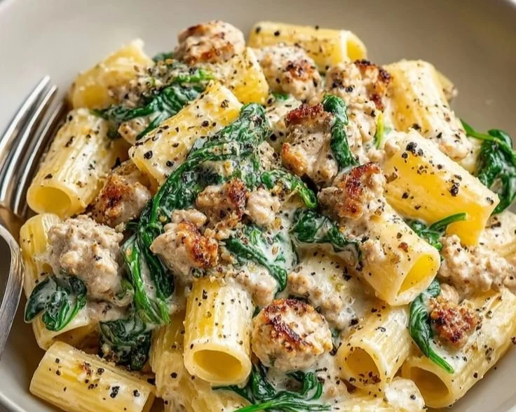 Creamy ground turkey spinach pasta dish served in a bowl