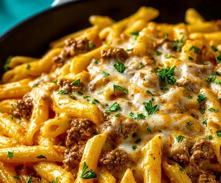 Creamy high protein beef pasta dish served in a bowl