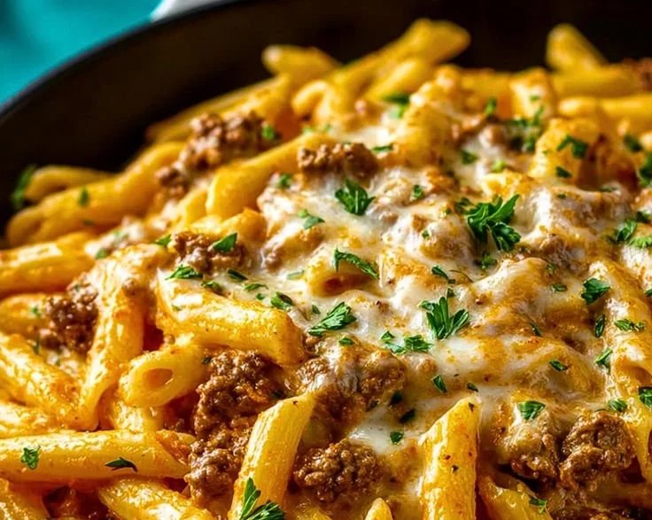 Creamy high protein beef pasta dish served in a bowl with herbs