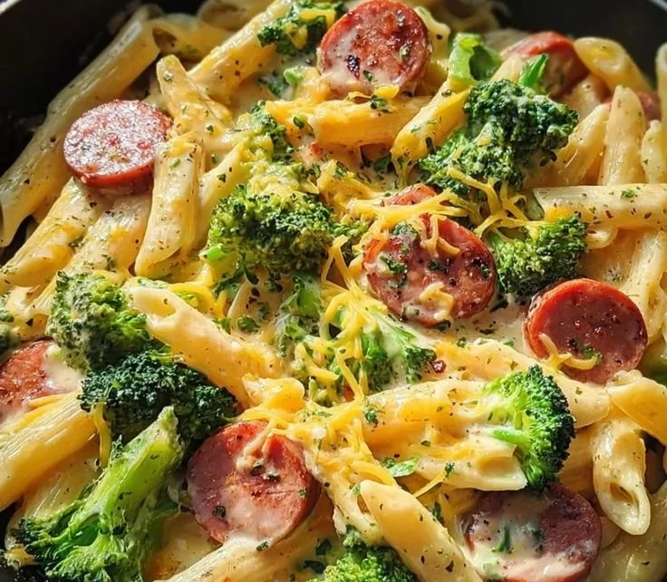 Creamy Kielbasa Broccoli Skillet served in a frying pan with vibrant colors