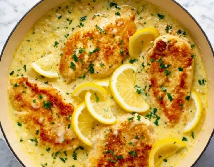 Creamy lemon chicken served with fresh herbs and lemon slices