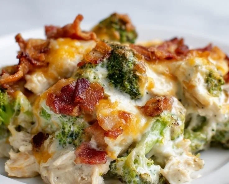 Creamy low carb chicken casserole with broccoli and bacon