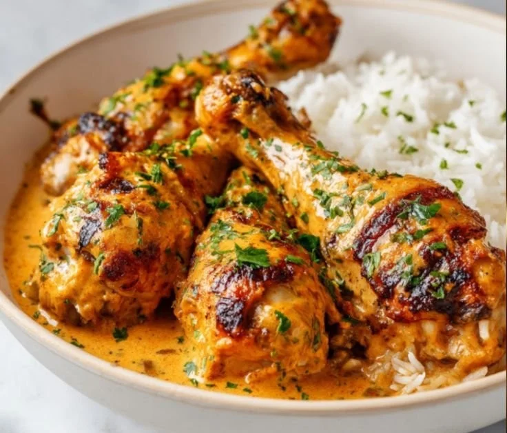 Creamy paprika chicken drumsticks served with steamed rice on a plate
