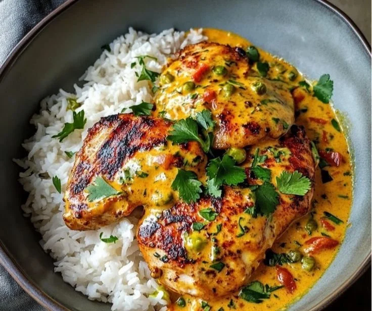Creamy peri-peri chicken served with rice on a plate